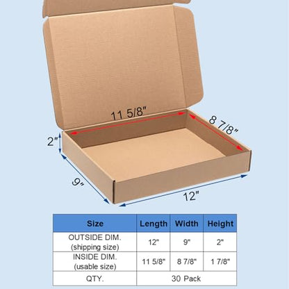 Wowxyz Shipping Boxes 12x9x2" 30 Pack Brown Corrugated Cardboard Mailer - size: 12x9x2"