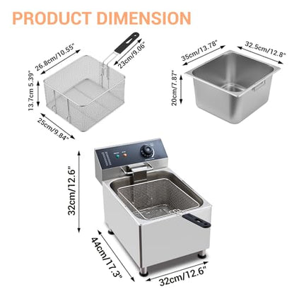 Commercial Electric Deep Fryer, 11L(11.55Qt) Single Removable Basket and Lid Stainless Steel Fast Heat Up Electric Countertop Fryer for Home and Commercial Restaurant Use, 304SS - size: 11L 304
