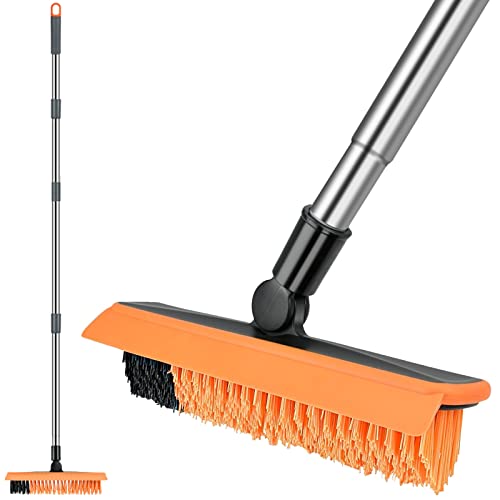 2 in 1 Floor Brush Scrubber with Long Handle Telescopic 3 Poles 61.8'' Grout Brush Scrape Stiff Bristle Cleaning Scrub Brush with Squeegee 180°Rotating Tile Brush for Cleaning Bathroom Glass Patio - color: Dark Orange Extended Pole