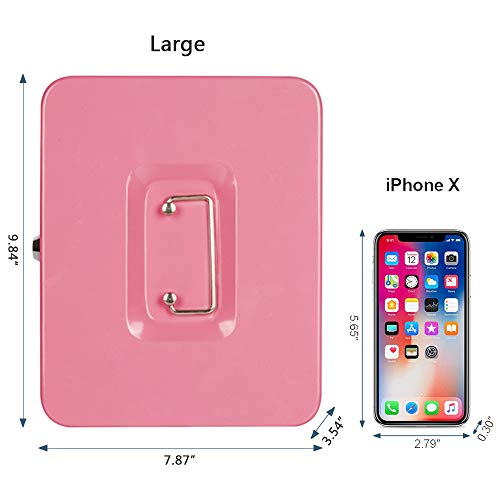 KYODOLED Large Metal Cash Box with Money Tray and Lock,Money Box with Cash Tray,Cash Drawer,9.84"x 7.87"x 3.54" Pink Large - color: Pink, size: Large