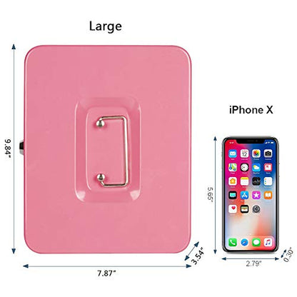 KYODOLED Large Metal Cash Box with Money Tray and Lock,Money Box with Cash Tray,Cash Drawer,9.84"x 7.87"x 3.54" Pink Large - color: Pink-1PACK, size: Large