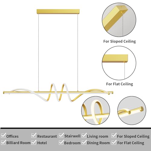 Modern LED Pendant Lights, 47in Gold Chandelier Dimmable with Remote Control 3000k-6000K Adjustable Color Temperature, Aluminum Island Lighting Lamp Fixture for Kitchen, Dining Room - color: A-Gold, size: 47inch