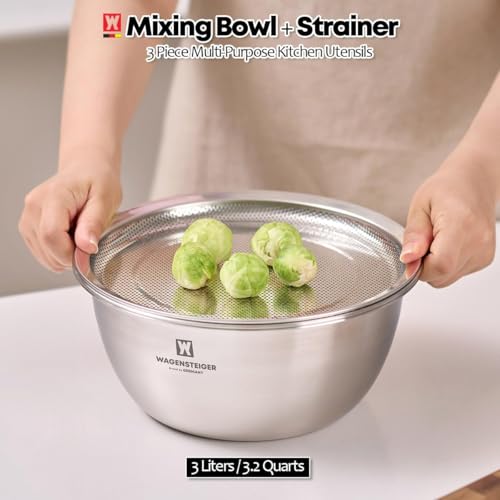 WAGENSTEIGER 3-Piece Stainless Steel Mixing Bowl Set with Strainer & Oil Drain Tray – Nesting Prep & Baking Bowls with Measurement Marks (9.45 in) - size: 9.45 in