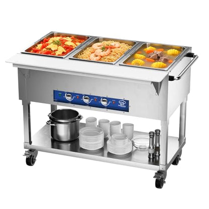 TOPKITCH Commercial Electric Food Warmer Soup Station - 3 Independent 19.5L Pans with German EGO Thermostat, Rolling Stand with Adjustable Shelves for Restaurant, Catering, Party - size: TC-3P