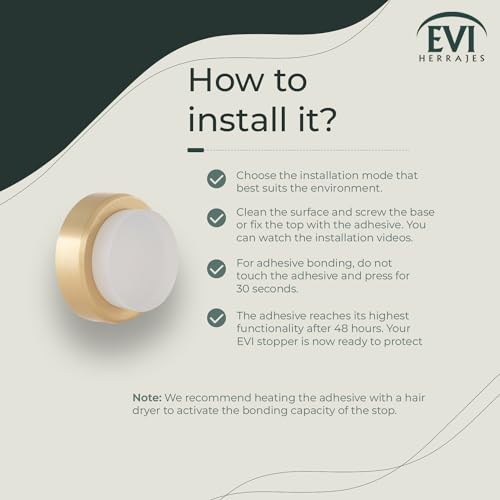 EVI Herrajes | Wall Brass Door Stop | 0.94x0.54 Inch | Gold Finish - White Anti-Shock Rubber | Adhesive | Small and Discreet | Mod. 205 - color: Matte Brass - White Rubber