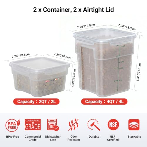 2 Pack Airtight Commercial Food Storage Container Set, 2 QT & 4 QT BPA-Free Translucent Polypropylene, Stackable, Gold Scale Markings for Spices & Coffee Beans, Tall Model - size: 2(QT)+4.0(QT)-Tall