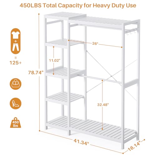 Homykic Bamboo Clothing Rack with 7 Adjustable Shelves, 2 Hang Rods, White - color: White, size: II Medium