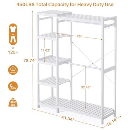 Homykic Bamboo Clothing Rack with 7 Adjustable Shelves, 2 Hang Rods, White - color: White, size: II Medium