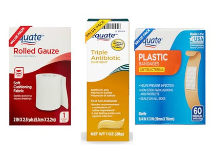 Equate First Aid Triple Ointment 1 oz & Medium Plastic Bandages 60 Count Bundle, and Rolled Gauze, 2 in x 2.5 yds, Value Pack for family essentials (3 items, 2.5, Fl Oz)