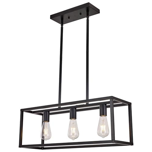 Farmhouse Rectangle Chandeliers for Dining Rooms, Modern Linear Hanging Light Fixture Matte Oil-Rubbed Bronze 3-Light Industrial Pendant Lighting for Kitchen Island - color: Oil-Rubbed Bronze, size: 3 Lights