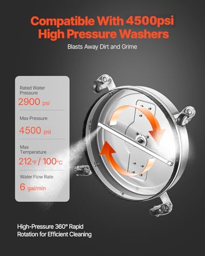 VEVOR 21" Pressure Washer Surface Cleaner, Stainless Steel Pressure Washer Attachments with 4 Wheels, 4500 Max PSI, 3/8 Quick Connector, 2 Spray Nozzles, Dual Handle, for Concrete, Patio, Sidewalk - size: 21 Inch w/ Handle & Wheels