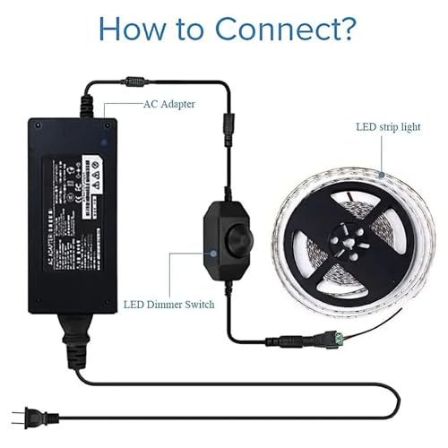 DC 12V–24V LED Strip Dimmer Switch Inline PWM Rotary Knob Controller with DC Male/Female Adapter Brightness Adjustable for Single Color LED String Lights (Black)