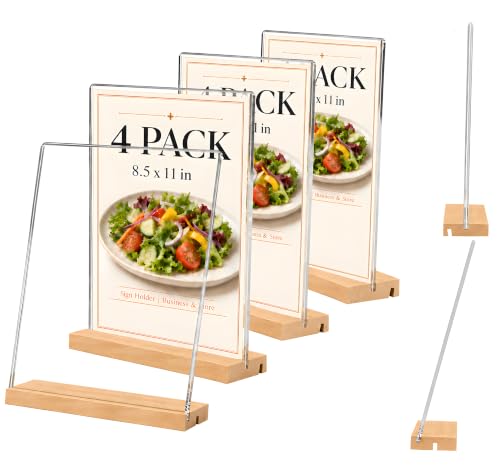 8.5x11 Acrylic Sign Holder with Wooden Base 4 Pack Adjustable Vertical/Tilt - color: Natural, size: 8.5"x11"