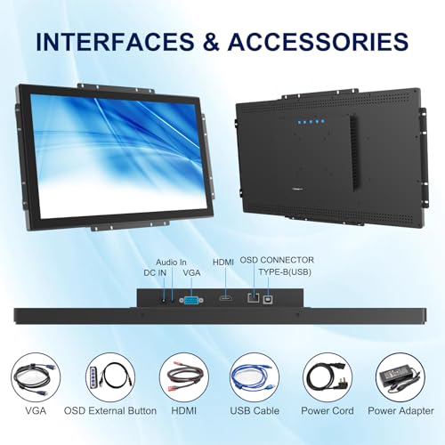 Industrial Open Frame Touch Monitor 23.8 Inch Multi-Touch Screen Display, 1920x1080 Resolution with VESA Mount & Open Bracket Installation, Vending and Digital Signage, 7x24h Work - size: 23.8