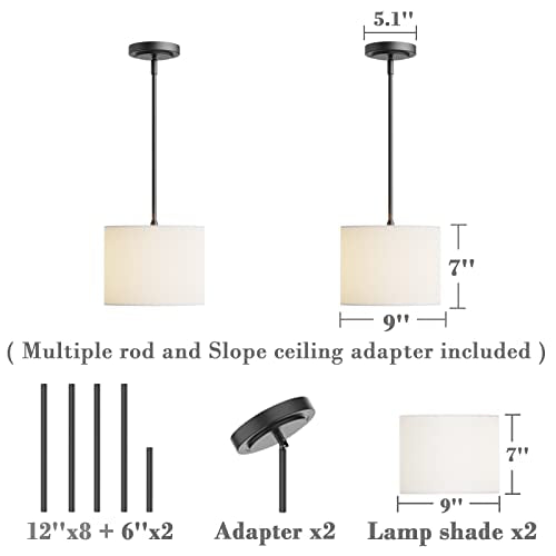 Electro bp;9" Dia White Linen Drum Shade Hanging Pendant Light Fixture with Black Pole Kit,E26,Hardwired,2-Pack; - color: Black 2-Pack Pendant
