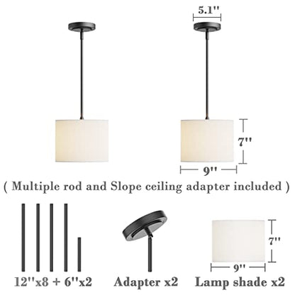 Electro bp;9" Dia White Linen Drum Shade Hanging Pendant Light Fixture with Black Pole Kit,E26,Hardwired,2-Pack; - color: Black 2-Pack Pendant