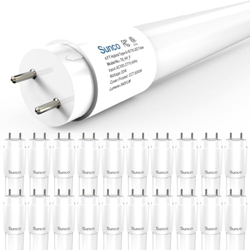 Sunco 20 Pack 4 Foot T8 LED Tube Light Bulbs, 5000K, 20W, Hybrid A+B