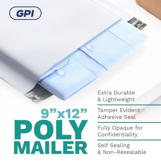 9" x 12" Poly Mailers, 500 Pack, 2.5 Mil, White Self Seal Waterproof, GPI - size: 9" x 12"