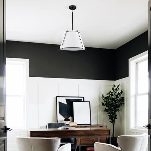 Modern 3-Light 16" Black Pendant Light White Linen Drum Adjustable - color: Black