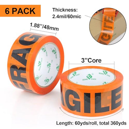 BOMEI PACK 6 Pack Fragile Tape 2 Inch x 60Yards, Fragiles Tape Handle with Care for Shipping with Dispenser, Heavy Duty Marking Tape for Moving Box (360 Yards Total)