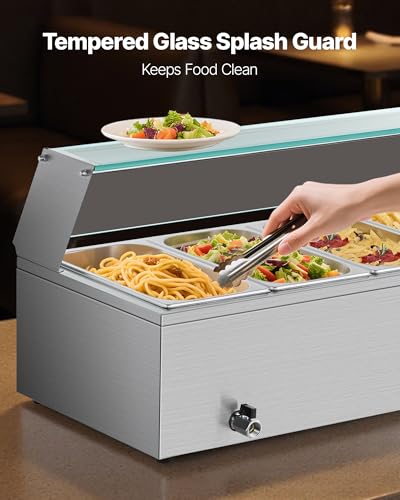 VEVOR Commercial Food Warmer, 1500W Electric Stainless Steel Steam Food Warmer with Glass Cover, 6 x 1/3 Size Pans Buffet Bain Marie with Soup & Perforated Ladles, for Catering, Restaurant & Party - size: 6x1/3Pan