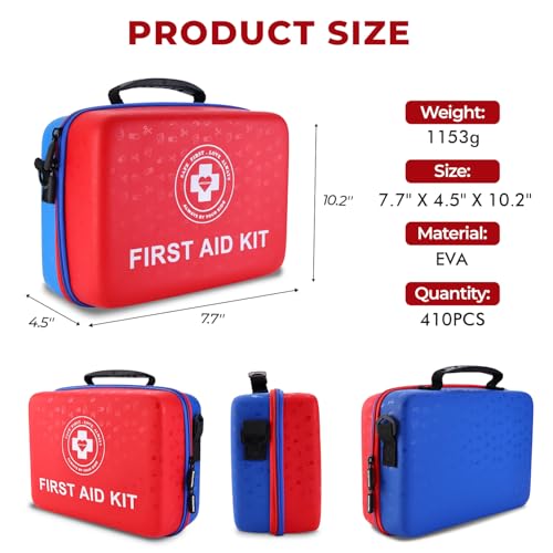 Large First Aid Kit - 410 Piece Dual-Color Emergency Kit with Hard Shell & Fluorescent Interior Coating, Professional Survival Kit for Home, Car, Travel, Hiking & Outdoor(Red/Blue) - color: Red/Blue