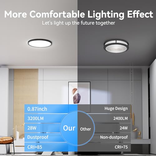 WKONCLDY 3200lm LED Flush Mount Ceiling Light, Super Slim 12 inch LED Ceiling Light, 5000K LED Ceiling Light for Bedroom, Living Room, Dining Room (Black, One Pack) - color: Black, size: 12in-1Pack