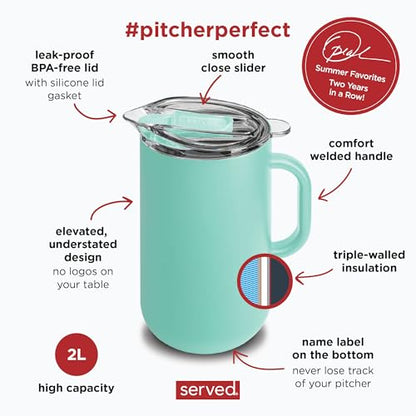 Served Premium Insulated Pitcher (2L/66oz) - Double Walled, Copper Lined Stainless Steel Pitcher with Lid - Vacuum Insulated Carafe for Hot Coffee, Tea, Iced Drinks, Water, Cocktails, and More - color: Blue Lemonade