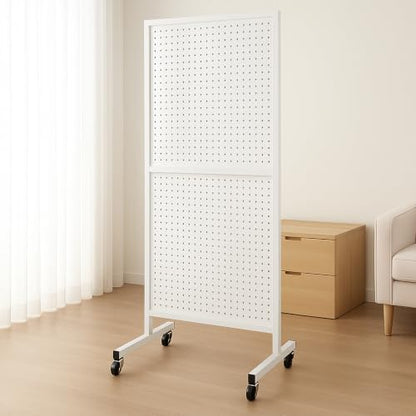 Royxen 5.3 x 1.9 Ft Standing Pegboard Display with T-Base, Locking Wheels and 20 Hooks, Metal Peg Board Display Stand for Craft Shows, Vendors and Retail Stores, White - color: White