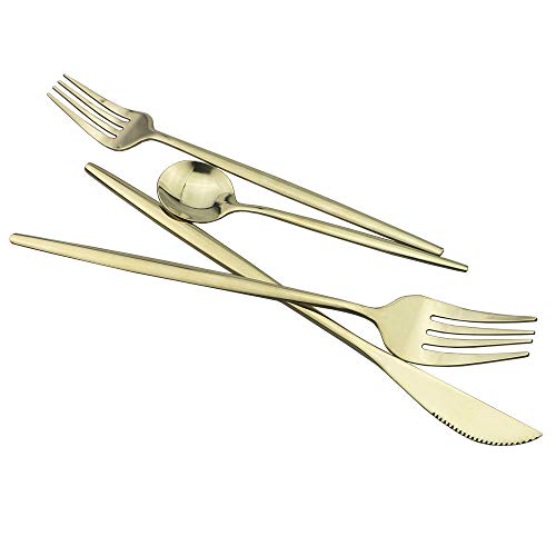 JASHII 24-Piece 304 Stainless Steel Flatware Cutlery Set for 6, Champagne Silverware Set, Mirror Finish, Ideal for Home Wedding Festival Party, Dishwasher Safe (Champagne gold) - color: Champagne Gold