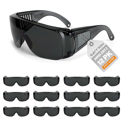Tinted Safety Glasses Over Eyeglasses 12pk Dark Smoke Lens Safety Goggles ANSI Z87.1 Impact Resistant Fits Over Glasses Dust/Chemical Splash Proof Protective Eyewear for Work Construction - color: 12 Pack/ Gray Glasses