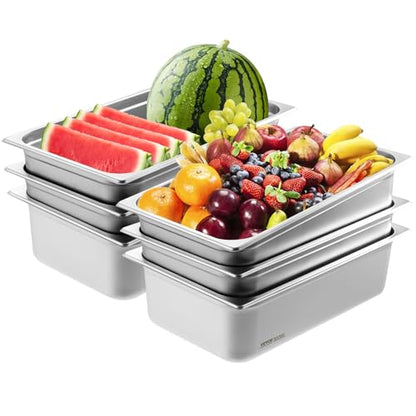 VEVOR 6 Pack Hotel Pans, Full Size 0.8mm Thick 6-Inch Deep Commercial Stainless Steel Restaurant Steam Table Pan, Catering Storage Food Pan, for Industrial & Scientific - size: 1/1 Size, style: 6 Inch Deep Thickened