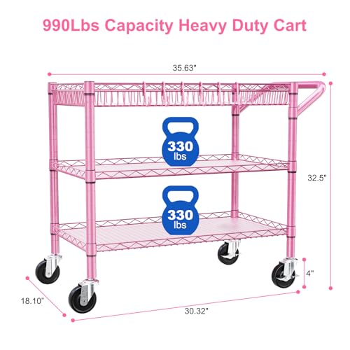 WDT Pink Rolling Utility Cart with Wheels, 990Lbs Heavy Duty Metal Cart with Handle & Shelf Liners, NSF Certified 3-Tier Storage Trolley for Esthetician, Kitchen, Salon & Craft Room, Pink - color: Pink-3 Tier