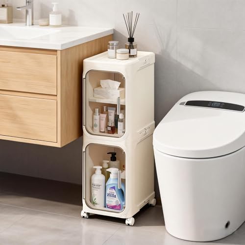 Narrow Storage Cabinet,2-Tier Slim Bathroom Organizer with Wheels,Beige - color: Beige, size: 2-tier