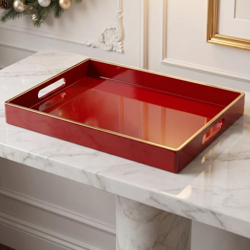Large Red Rectangular Decorative Tray – Plastic Serving Tray with Handles for Coffee Table, Ottoman, Living Room, 15.7” x 11.8” x 1.6 - color: Large Red Rectangular 1, size: 15.7" x 11.8" x 1.6" Rectangular