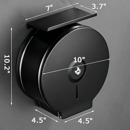Commercial Jumbo Toilet Paper Dispenser with Shelf, Black Stainless Steel Toilet Paper Holder Wall Mount, 9 Inch Bathroom Tissue Roll Dispenser with Lock Key - color: Black With Shelf