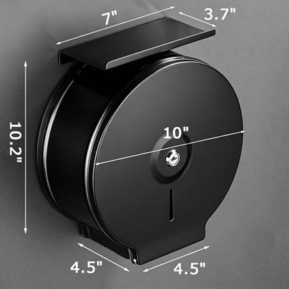 Commercial Jumbo Toilet Paper Dispenser with Shelf, Black Stainless Steel Toilet Paper Holder Wall Mount, 9 Inch Bathroom Tissue Roll Dispenser with Lock Key - color: Black With Shelf