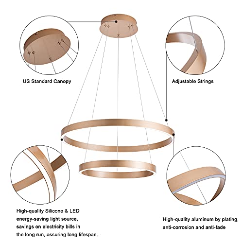 MADEM Modern LED Chandelier 2-Ring Circular Dimmable Pendant Light,Gold - color: Gold, size: 2 Rings