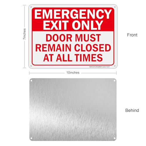 2 Pack Emergency Exit Only- Door Must Remain Closed at All Times Sign, 10x7Inch Aluminum Emergency Exit Only Keep Door Closed Sign, UV Protected and Weatherproof, Easy to Install, Indoor/Outdoors Use