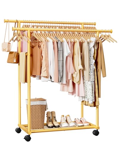 Sakugi Double Rods Clothes Rack - Metal Clothing Rack with Fixed Double Rods, Rolling Wheels & Built-In Shelf for Closet, Bedroom, Laundry Storage (39" x 17" x 60", Gold) - color: Gold, size: 39" x 17" x 60"