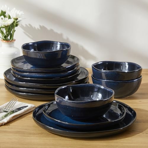 Pokini Stoneware Dinnerware Sets for 4, 12Pcs Ceramic Plates and Bowls Sets - color: Starry Blue, size: Set (12pcs)