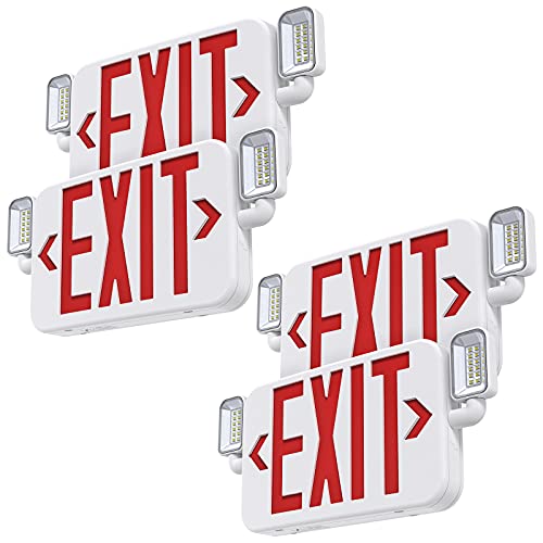 Led Combo Emergency Exit Sign Light with Two Adjustable Head Lights and Backup Battery Exit Light,US Standard Red Letter Commercial Emergency Exit Lighting,UL 924,AC120/277V (4Pack) - size: 4Pack