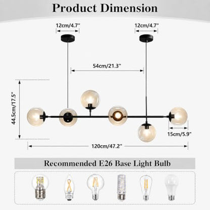 KCO Lighting 6-Light Modern Globe Sputnik Chandelier Mid Century Black Pendant Light Chandelier Dining Room Linear Pendant Lighting Kitchen Island Adjustable Pendant Light Fixtures (Black+Amber) - color: Black