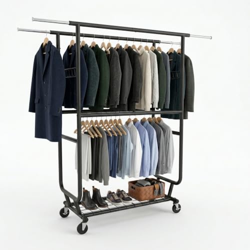 Heavy Duty Clothes Rack with Wheels, Garment Rack Load 660 LBS, Rolling Clothes Rack for Hanging Clothes, Height Adjustable& Scalable& Foldable, for home or commercial, 75"x 22"x 73", Black - color: 4 Rods& Black