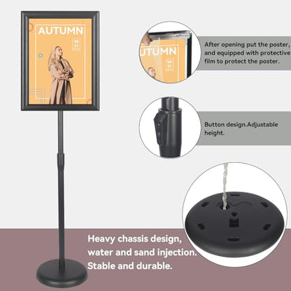 YDisplay Adjustable Sign Holder Stand with Base 11x17inches Aluminum Snap Open Frame Pedestal Sign Stand,Vertical and Horizontal View Sign Displayed, Round Base for Church Shool Office,Black - size: 11×17inches,1pack
