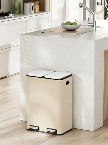 Arlopu 16Gal Dual Trash Can w/2 Built-in Box for Odor Control - color: Beige