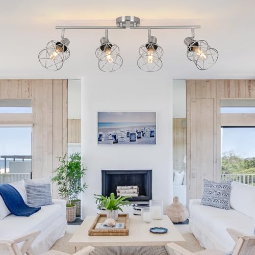 WILON Ceiling Lighting Fixtures,4 Way Track Light Fixture,4 Ceiling Spotlight,Kitchen Island Lighting Semi Flush Mount,Kitchen Track Lighting Flexibly Rotatable Light Head,E26 Base - color: Brushed Nickel, size: 4-Light-Cage
