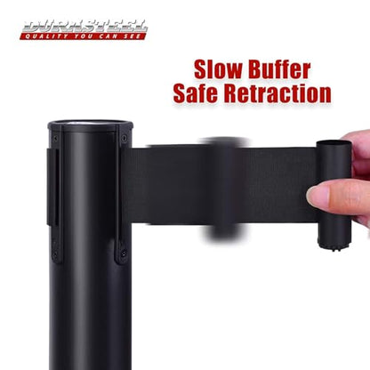DuraSteel Black Crowd Control Barriers Stanchions with Retractable Belts - Metal Stanchion Posts w/ 6.5ft Black Retractable Barrier Belt Ropes - Queue VIP Safety Line Dividers - Set of 2 Stantions - color: Black Belt, style: Black Stanchion 2 Pcs Set