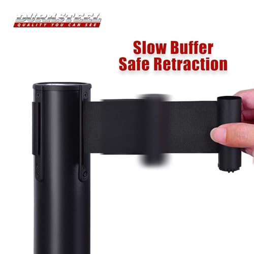 DuraSteel Crowd Control Barriers Stanchions with Retractable Belts & Sign Holder - Metal Stanchion Posts w/ 6.5ft Black Retractable Barrier Belt Ropes - Queue VIP Safety Line Dividers - Set of 6 Poles - color: Black Belt, style: Black Stanchion 6 Pcs + 1