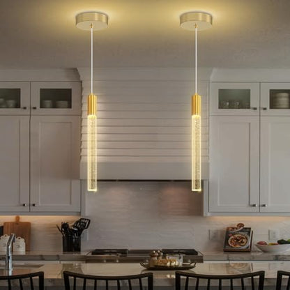 Modern Gold Crystal Column Pendant Light, Dimmable LED Chandelier, Adjustable Hanging Pendant Lighting for Kitchen Island - color: Gold, size: 1-Light
